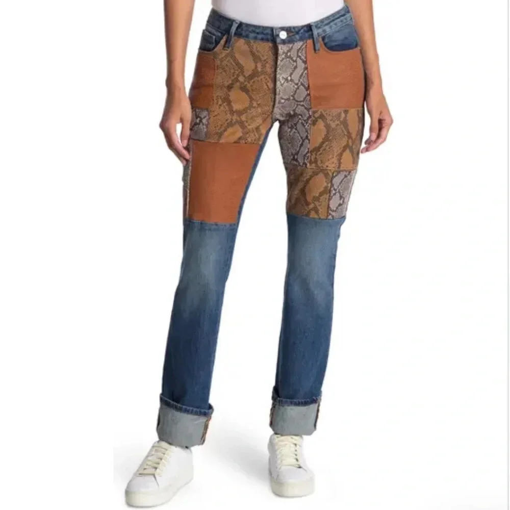 NWT FRAME LE MINI BOOTCUT LEATHER PATCHWORK JEANS… - image 1